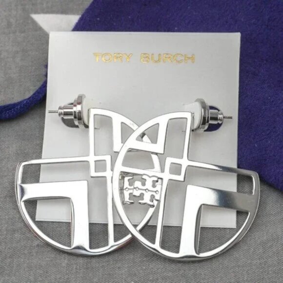 Tory Burch Chevron Hoop Statement Earrings in Silver - Picture 3 of 4